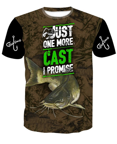 one more cast - I promise . best fishing shirt for outdoors. fishing nice is providing a bigmouth catfish on a t-shits  Designed one more cast i promise